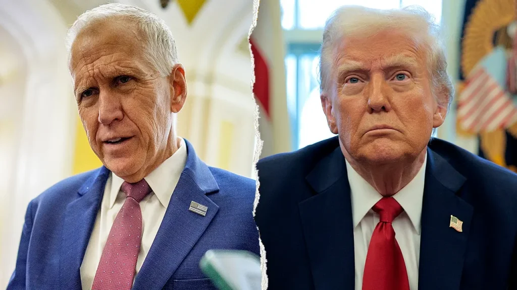 Thom Tillis threatens to derail GOP border legislation due to Trump ballroom financing.