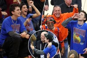 Timothée Chalamet's memorable Knicks celebration features a hug from Leon Rose