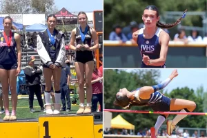 Trans track athlete AB Hernandez stands on California podium after winning finals.