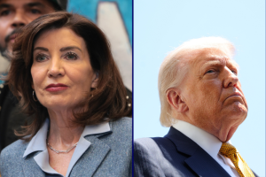 Trump criticizes Hochul for attributing the Long Island Rail Road strike to him.