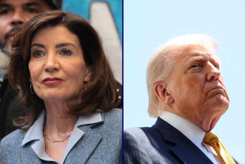 Trump criticizes Hochul for attributing the Long Island Rail Road strike to him.