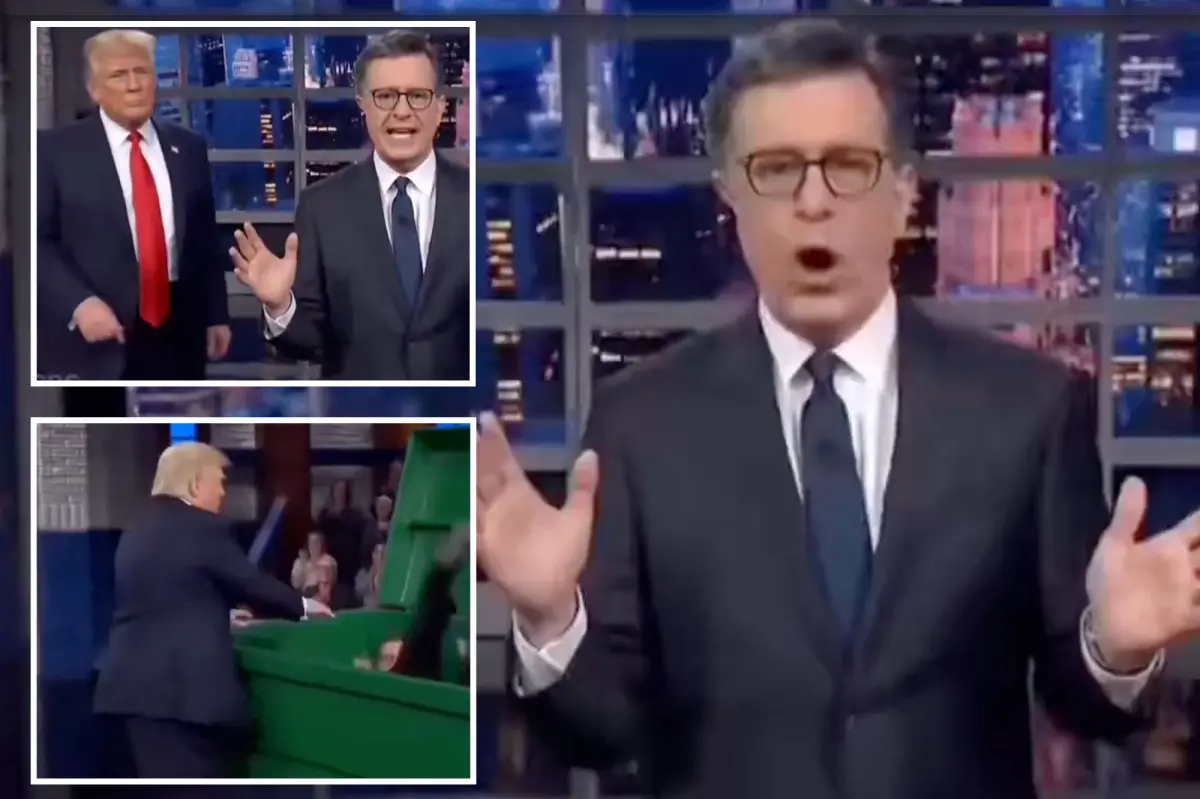 Trump shares an AI-created video of himself tossing Stephen Colbert into a dumpster following the last episode of his show.