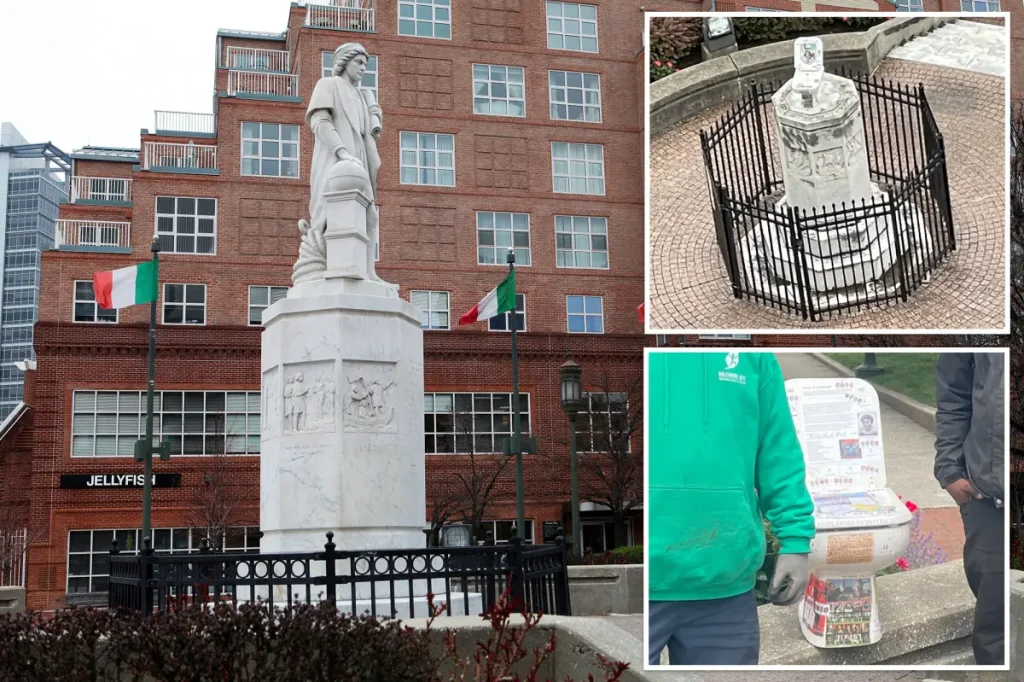 Vandals attach a toilet to the fallen Christopher Columbus statue while an activist expresses anger over the lack of inquiry: 'Obvious racism'