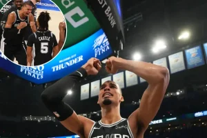 Victor Wembanyama expresses his emotions during the Spurs' Game 7 celebration