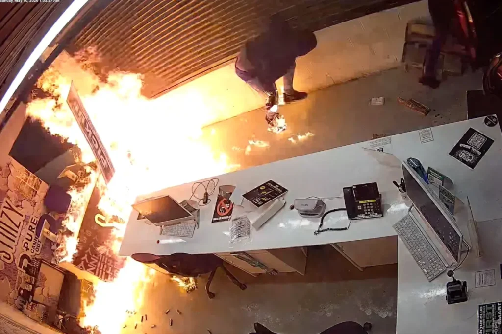 Video captures burglar catching fire while attempting to set a cannabis dispensary ablaze