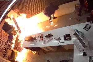 Video captures burglar catching fire while attempting to set a cannabis dispensary ablaze
