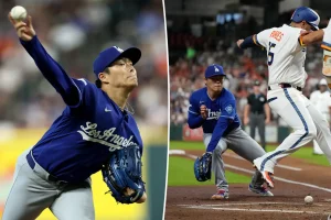 Yoshinobu Yamamoto of the Dodgers struggles in the first inning.