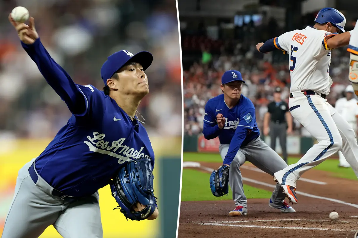 Yoshinobu Yamamoto of the Dodgers struggles in the first inning.