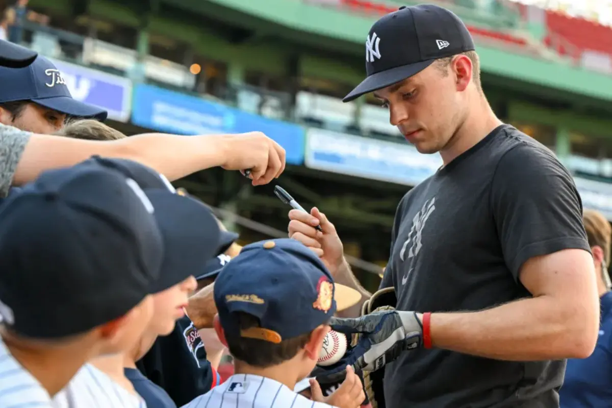 Ben Rice of the Yankees takes a break after a tough game