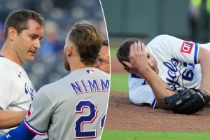 Brandon Nimmo hits a line drive that strikes Seth Lugo in the head