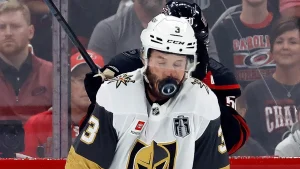 Brayden McNabb of the Golden Knights taken to the hospital after being struck in the face during Game 2