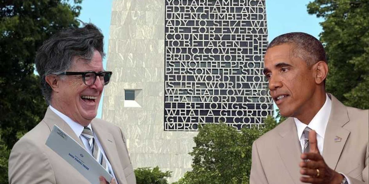 Colbert highlights 'scandal-free' Obama at the opening of the new presidential center