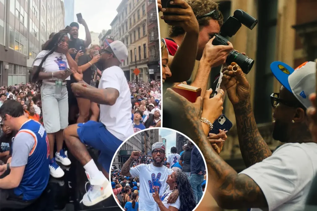 Couple in New York City gets engaged on top of a police car during Knicks parade