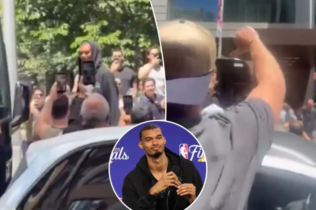 Crowd of loud Knicks fans gather in the street to mock the Spurs and Wemby
