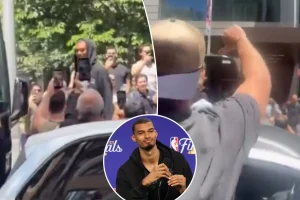 Crowd of loud Knicks fans gather in the street to mock the Spurs and Wemby