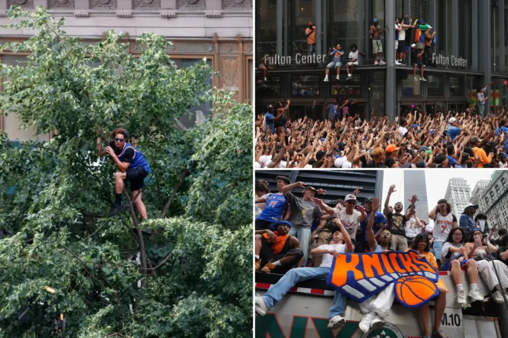 Dedicated Knicks supporters scale trees, fire escapes, scaffolding, and more to see NBA champions.