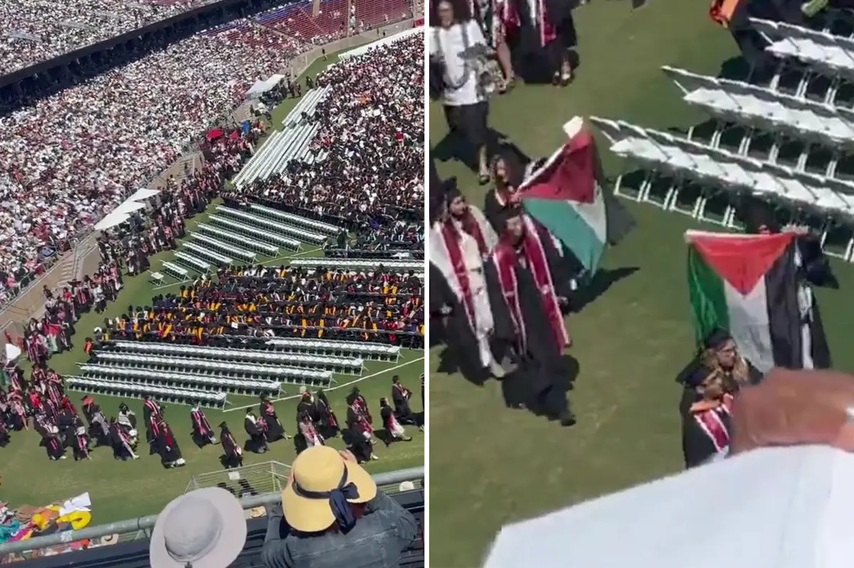 Demonstration at Stanford University commencement as Google CEO Sundar Pichai appears on stage