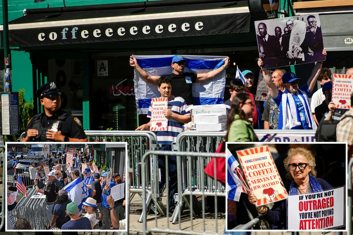 Demonstrators confront each other outside a Brooklyn coffee shop opposing Israel as police keep the two groups apart.
