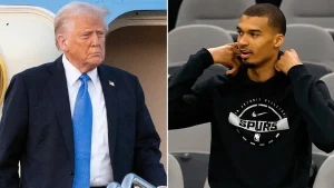 Donald Trump responds to Spurs player Victor Wembanyama crossing his arms during the anthem