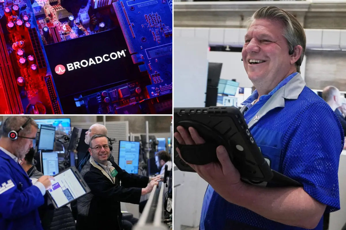 Dow rises by 900 points to a new record, while chipmaker Broadcom causes trouble for the tech industry.