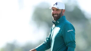 Dustin Johnson reacts with a surprisingly relaxed attitude after scoring a hole-in-one at a LIV event.