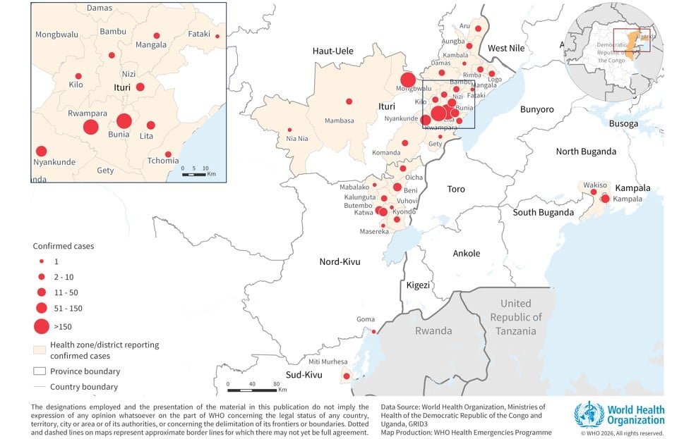 Ebola illness linked to Bundibugyo virus, Democratic Republic of the Congo and Uganda