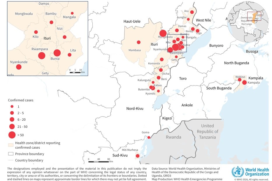 Ebola illness linked to Bundibugyo virus in the Democratic Republic of the Congo and Uganda