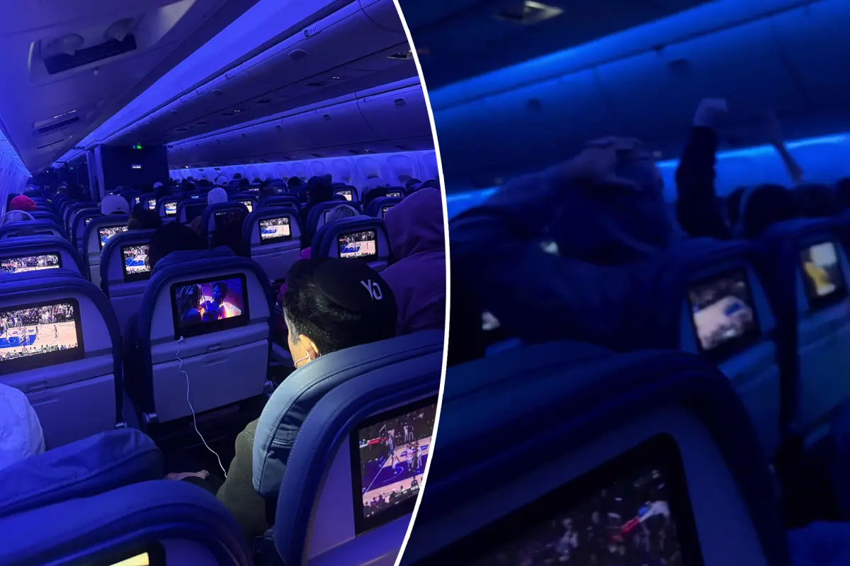 Enthusiastic Knicks fans create a lively watch party on a Delta flight, celebrating their win at 30,000 feet