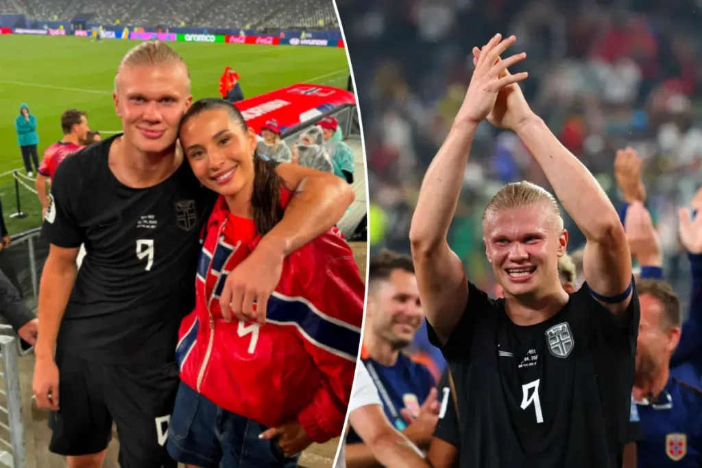 Erling Haaland and his partner Isabel Haugseng Johansen following Norway's victory