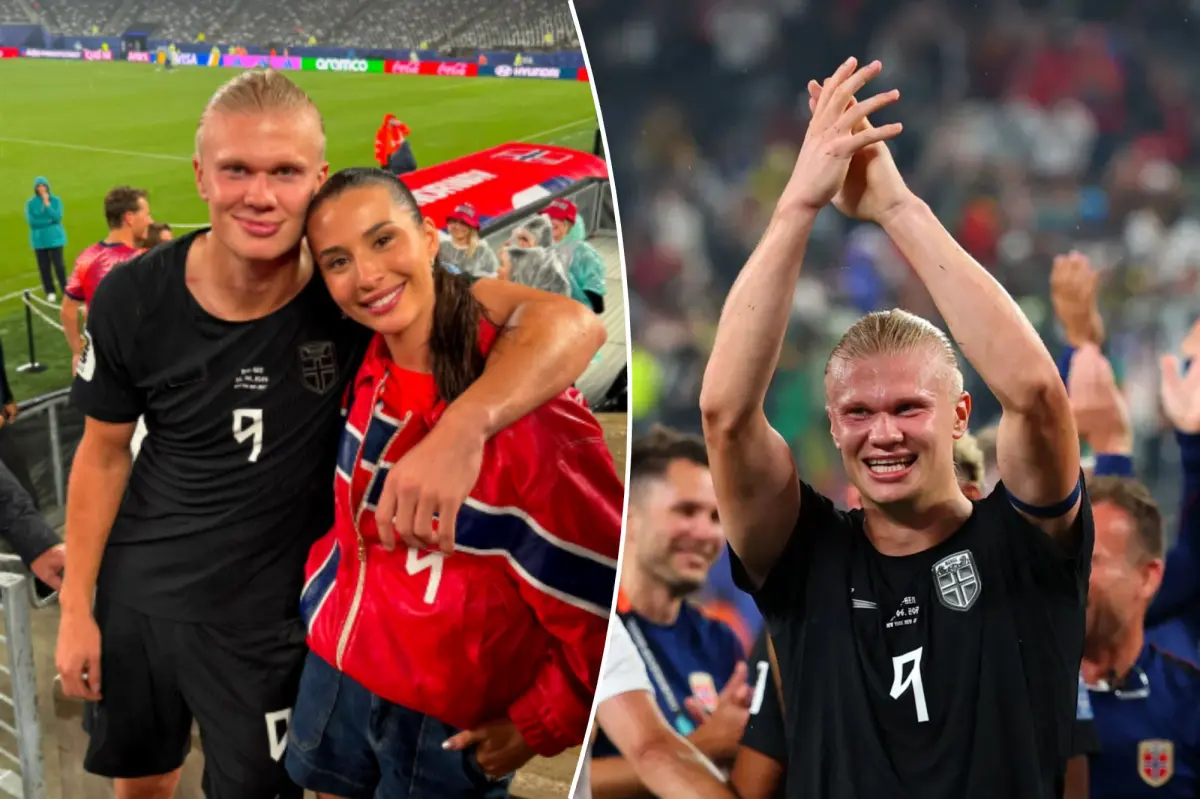 Erling Haaland and his partner Isabel Haugseng Johansen following Norway's victory