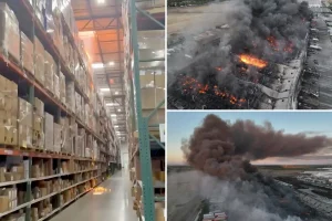 Frightening event as a California warehouse goes up in flames, revealing devastating images from the large fire.