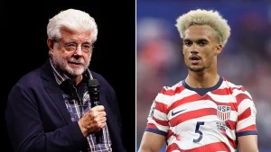 George Lucas seen at the USMNT World Cup opening match where a player known as 'Jedi' contributed to a 4-1 victory.
