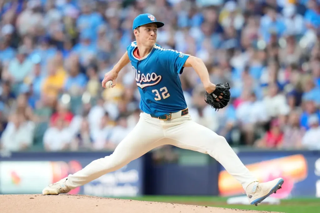 Jacob Misiorowski of the Brewers pitches a record-setting 105 MPH fastball