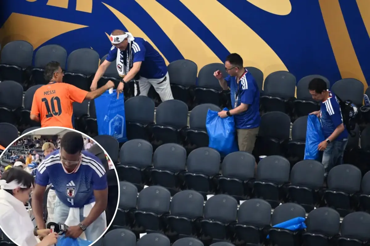 Japanese fans tidy up the stadium following an exciting World Cup match while a Giants quarterback helps out.