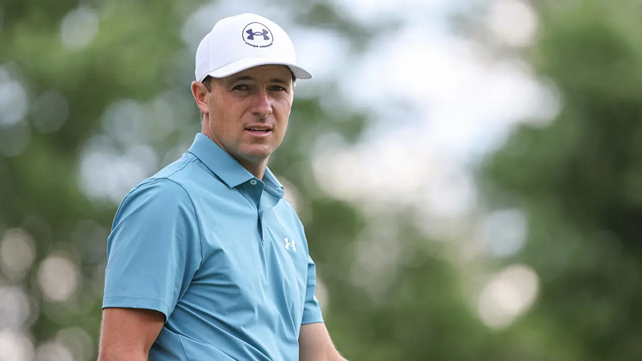 Jordan Spieth almost strikes someone in the head with his golf shot during a practice round for the US Open at Shinnecock