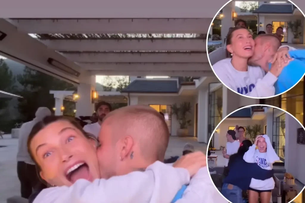Justin Bieber shares a kiss with his wife Hailey to celebrate the long-awaited Knicks championship.