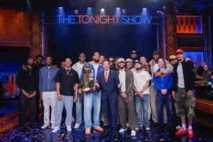 Knicks elevate Jimmy Fallon's lucky shoe to the 'Tonight Show' ceiling.