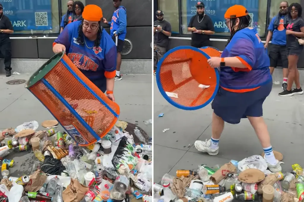 Knicks fan does something foolish by throwing trash on the street to take a blue and orange trashcan.