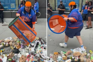 Knicks fan does something foolish by throwing trash on the street to take a blue and orange trashcan.
