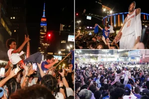Knicks fans celebrate wildly in NYC after Game 2 Finals victory, taking to the streets outside MSG.