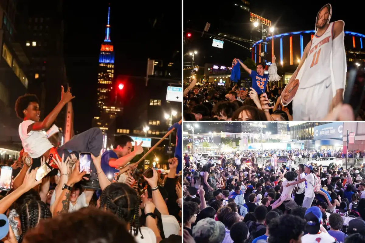 Knicks fans celebrate wildly in NYC after Game 2 Finals victory, taking to the streets outside MSG.