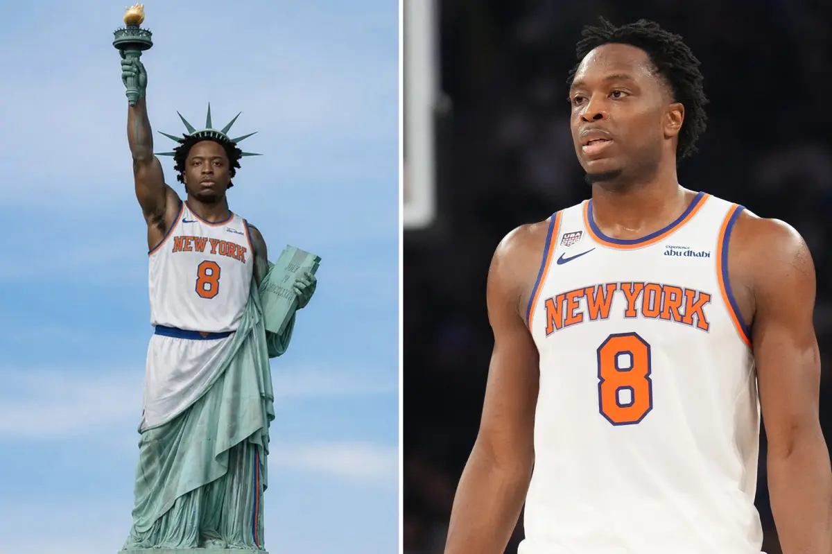 Knicks fans excitedly celebrate new Finals hero, featuring a humorous take on the Statue of Liberty.