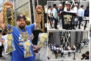 Knicks fans stand in long lines for hours to purchase championship merchandise as shopping excitement sweeps through NYC.