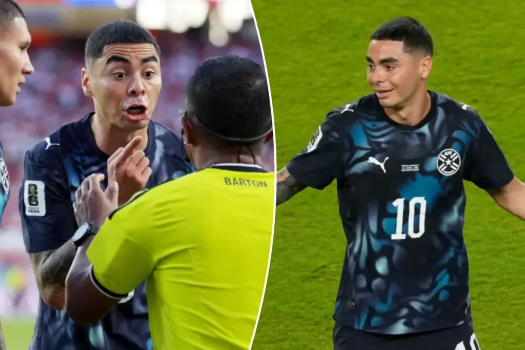 Miguel Almiron from Paraguay is the first player to receive a red card at the World Cup for covering his mouth.