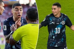 Miguel Almiron from Paraguay is the first player to receive a red card at the World Cup for covering his mouth.