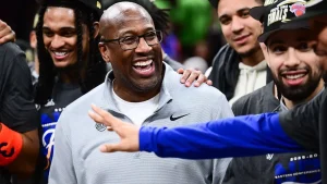 Mike Brown wears '10 Weeks' shirt during Knicks' championship parade following James Dolan's joke about abstinence