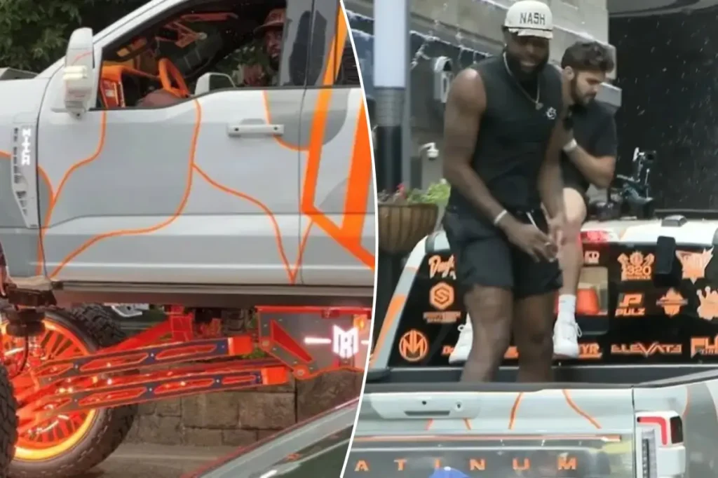 Mitchell Robinson cruising in customized truck at Knicks parade