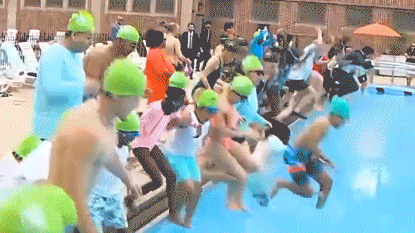 NYC Mayor Mamdani dives into pool in a suit, leading to conflict with Bruce Blakeman