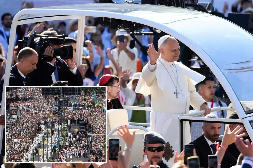 One million people fill the streets of Madrid to witness the pope's procession adorned with flowers.