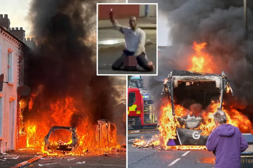 Protesters set vehicles and houses on fire as Belfast erupts over a violent knife attack on a migrant.